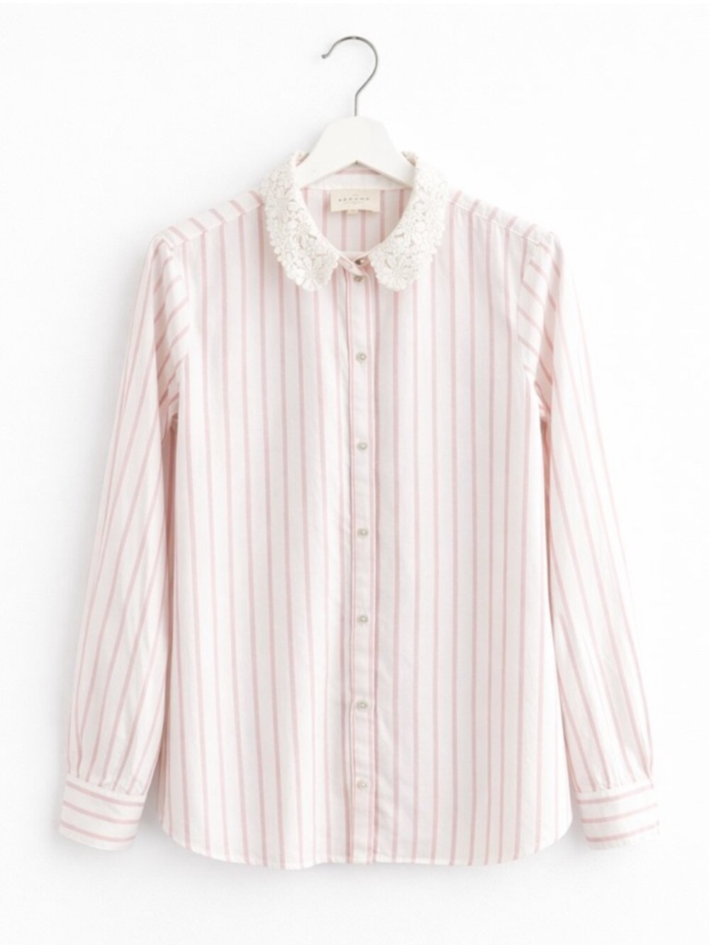 Sezane Gina Pink and White Striped Button-Down Shirt with Lace Collar